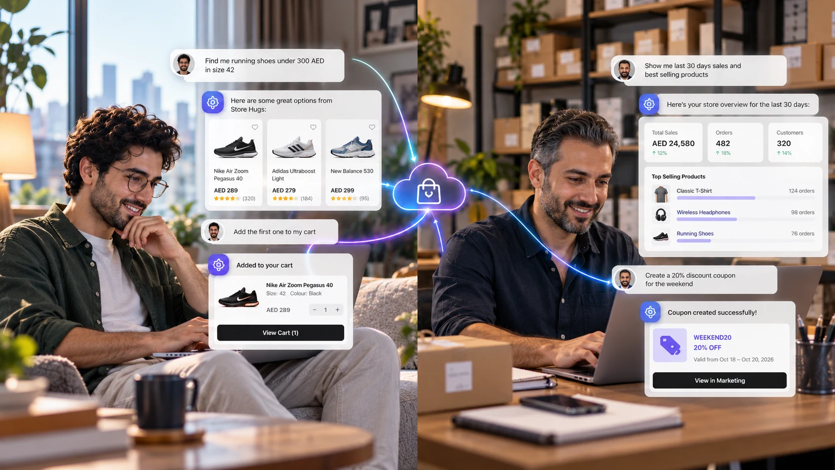 Un client achetant avec un assistant IA et un commerçant consultant ses ventes et créant une remise par conversation.
