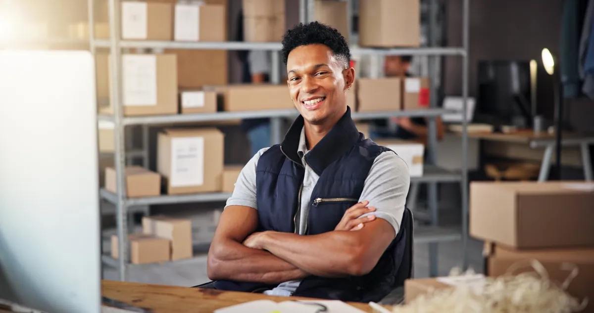 Un entrepreneur parmi les produits d’un entrepôt d’expédition